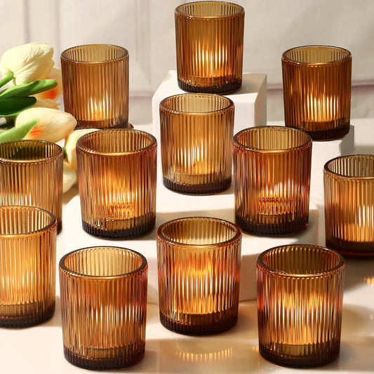 Votive Candle Holders - Ribbed Amber